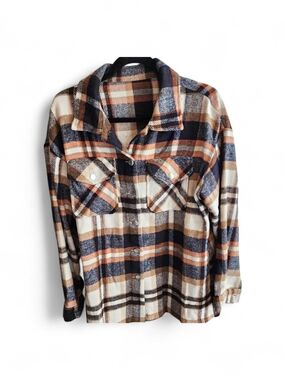 Plaid Button-Up Shacket in Navy, Brown & Cream